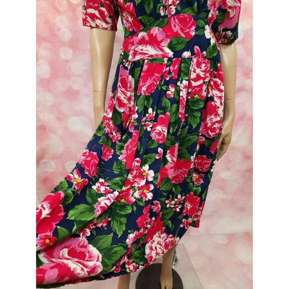 Vintage 80s Floral Rose Dress Size M With Pockets Caroline Wells Pink Blue Midi - Picture 7 of 12